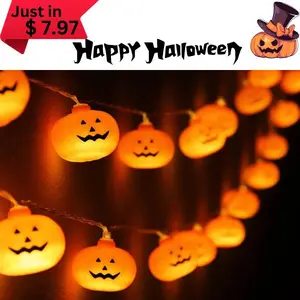 Halloween Pumpkin String Lights - 20 LED 9.8 FT Waterproof Jack-O-Lantern Lights, Steady/Flickering Modes for Indoor/Outdoor Halloween Party Decorations