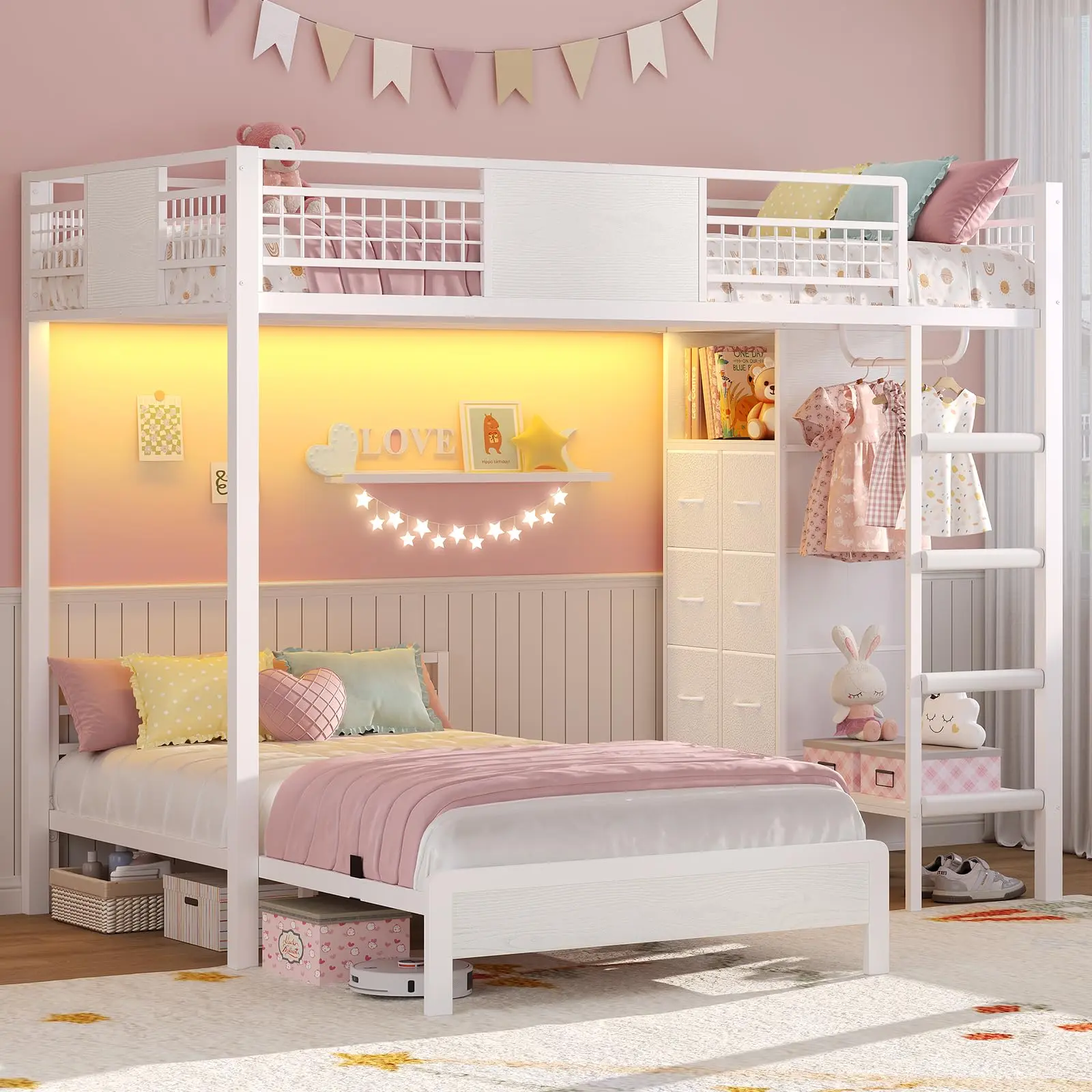 Sikaic Twin Over Twin Bunk Bed with 8 Storage Drawers, Metal Bunk Bed with LED Lights & Storage Shelves, Loft Bed with Ladder & 13.4" Safety Guardrail for Kids & Teens, White Summerwins