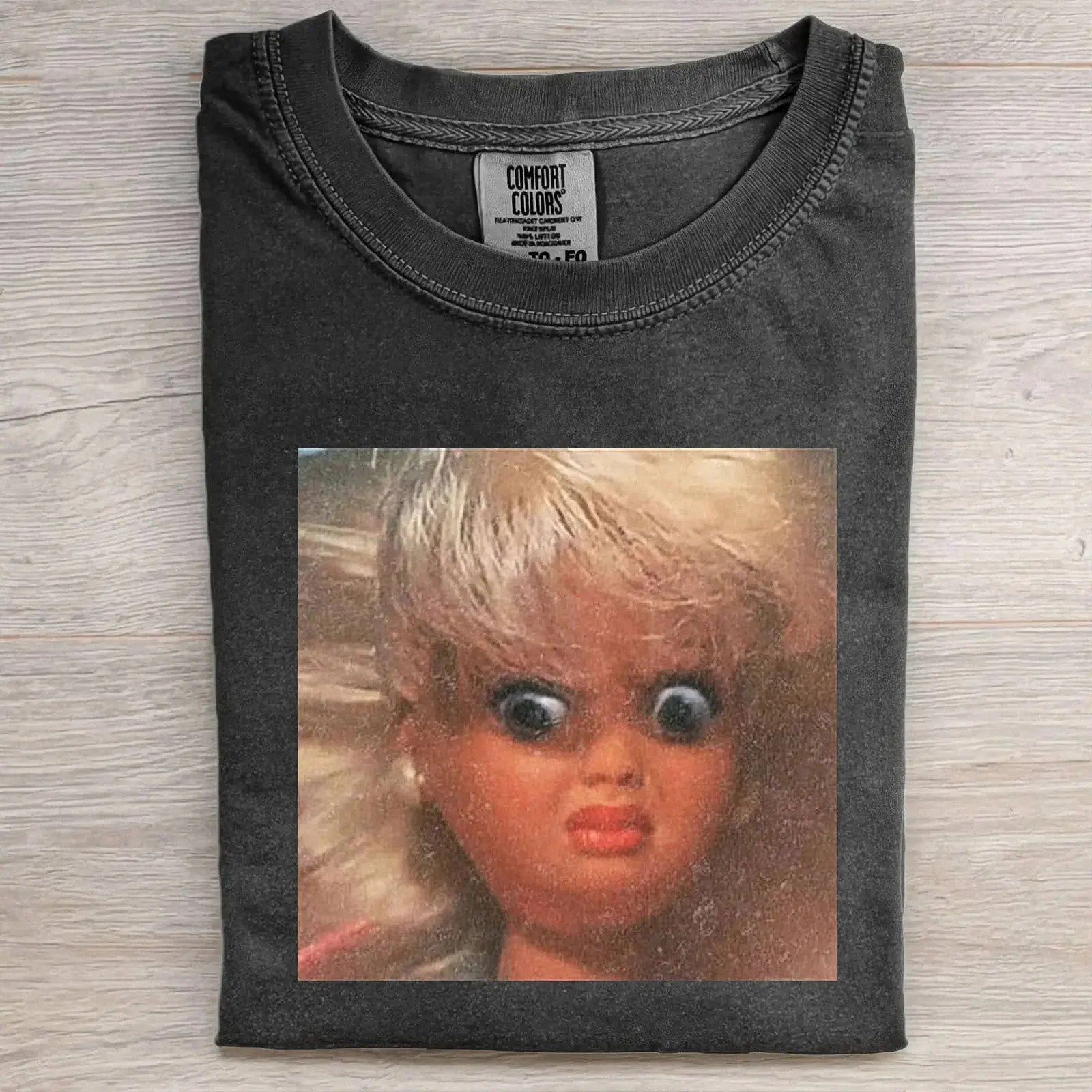 Cursed Doll Meme Shirt, Unhinged Wide Eyed Graphic Tee, Ironic Humor Gift, Weirdcore Lo-Fi Streetwear