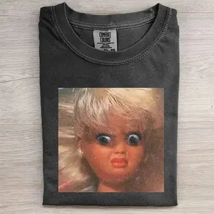 Cursed Doll Meme Shirt, Unhinged Wide Eyed Graphic Tee, Ironic Humor Gift, Weirdcore Lo-Fi Streetwear
