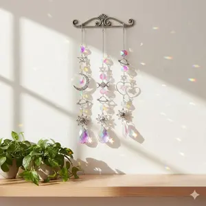 Rainbow Crystal Wind Chime Dreamcatcher, Sun Moon Prism Garden Decor, Colorful Light Refracting Pendant for Outdoor Atmosphere, Solar Sun Catcher Hanging Ornament.