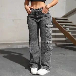 Washed irregular denim women's multi-pocket cargo pants