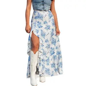 Women's Sky Blue Boho Floral High Waist Ruffle Split Maxi Skirt - Perfect for Summer