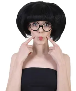 Fashion Edna Colorful Bob Black Wig with Bangs and Glasses for Halloween, Breathable Capless Design, Flame-retardant Synthetic Fiber