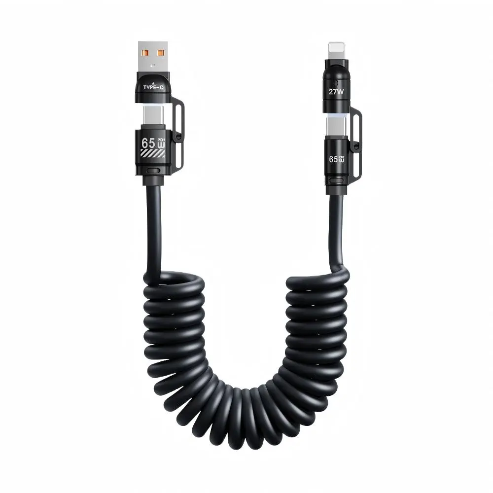 65W 4‑in‑1 Retractable Coiled Fast Charging Cable, USB‑C / Lightning for Car CarPlay