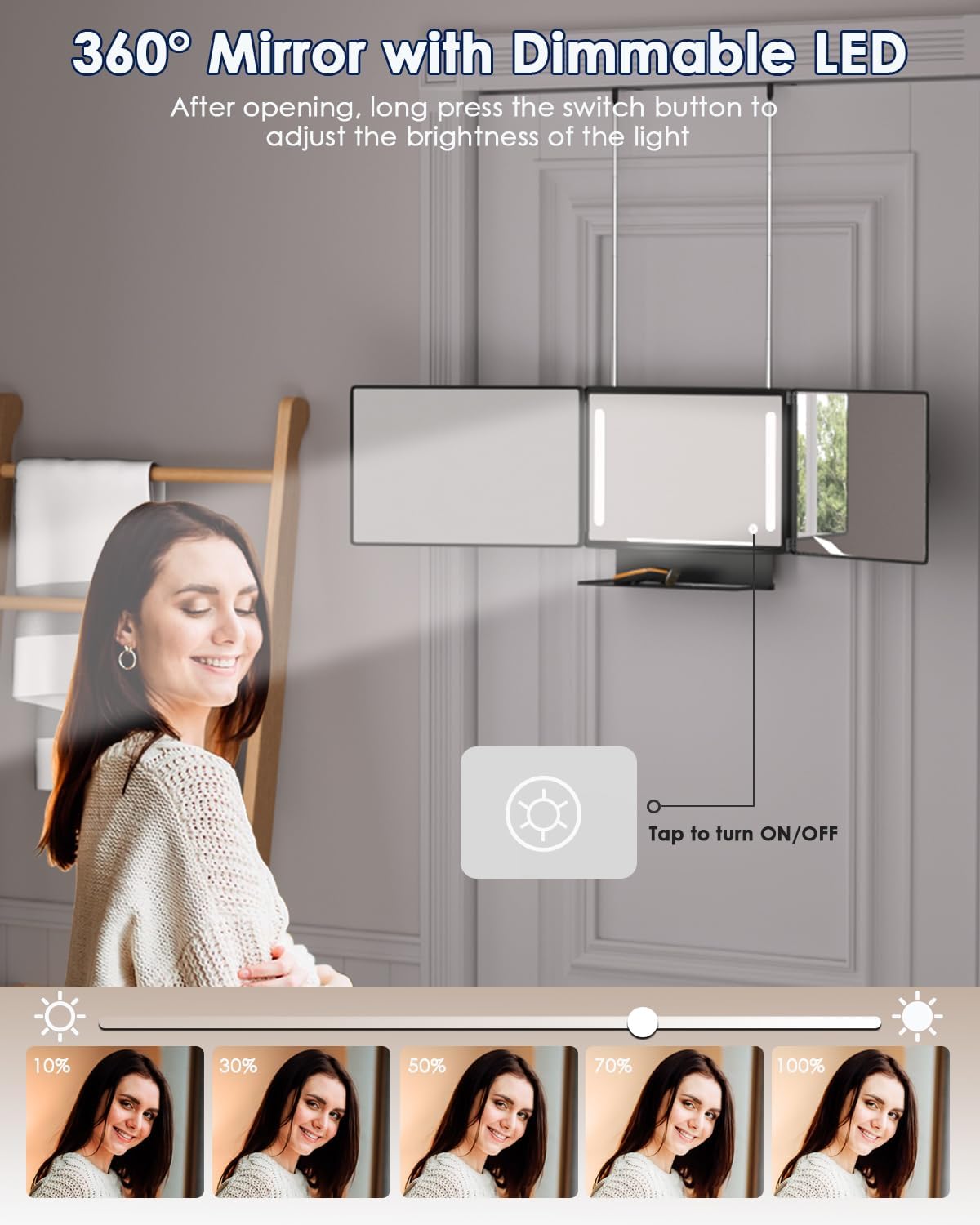 Umitec Adjustable LED Light 3 Way Mirror, Portable Trifold Mirror for Shaving, Grooming, Hair Styling, Dye Hair, Makeup, Braiding, 360 Degree Mirror