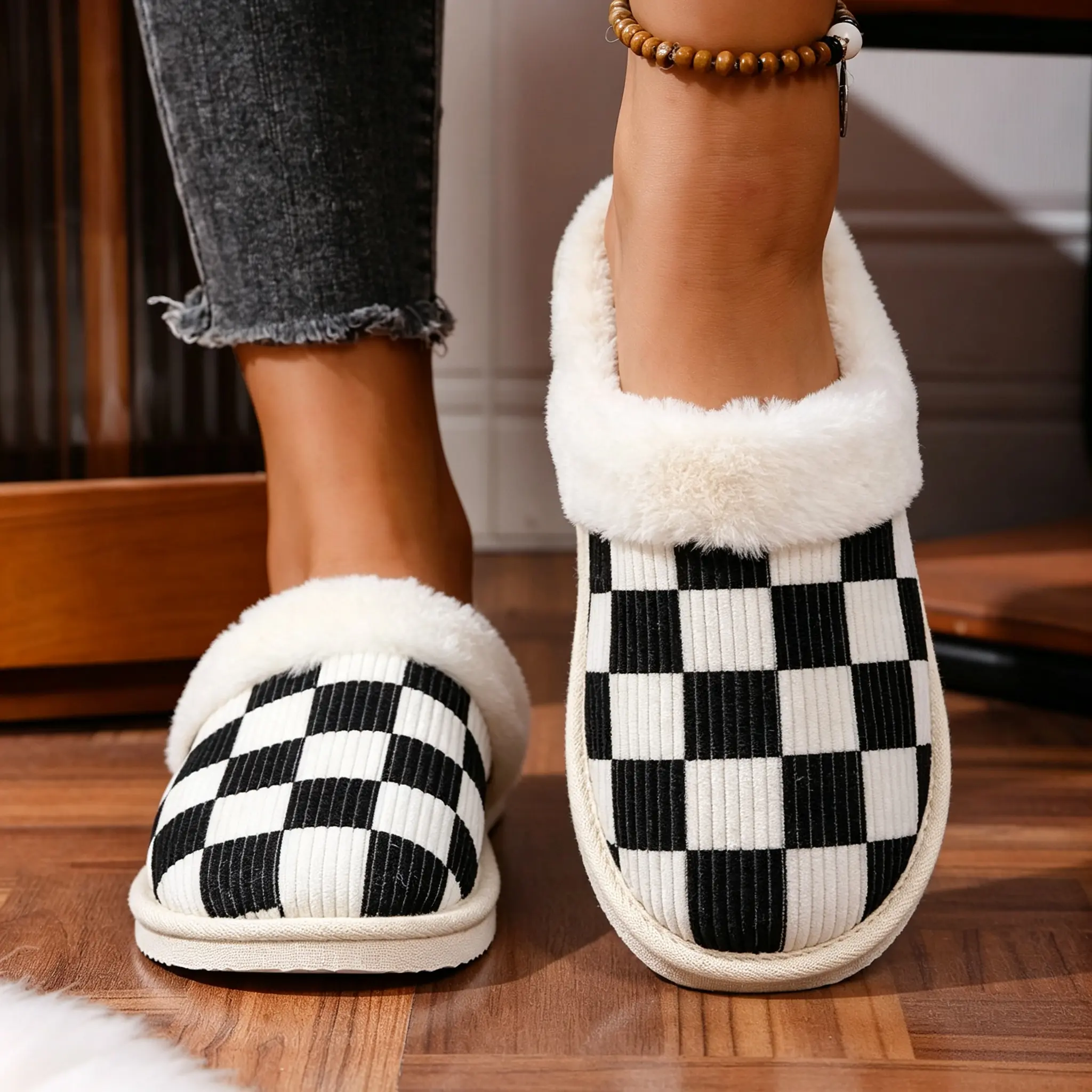 House Slippers for Woman Men, Fuzzy Checkered Mens Womens Slippers Warm Memory Foam House Shoes Indoor Outdoor with Faux Fur Lining