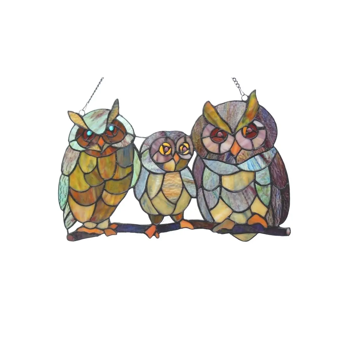 212 MAIN Handcrafted Stained Glass Owl Family Hanging Window Panel - Copper-Foiled Art Glass, 11x17 in, Antique Light Baby Nursery Hanging Room Decor, Interior Decoration Accessories for Home Rooms, Home Decorative Ornament, Unique Work Art Of Lighting