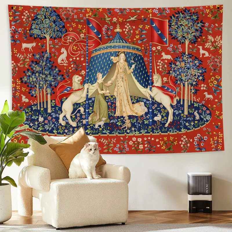 Large Retro Medieval Lady and Unicorn Polyester Tapestry - Colorful Euro Flower Red Print Room Decor, Room Accessories, Bedroom Backdrop, Painting Fabric Blanket