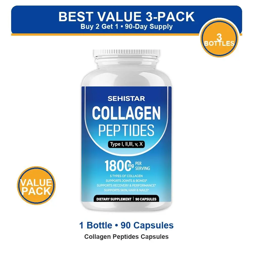 SEHISTAR Hydrolyzed Multi Collagen Healthcare Dietary Supplement Capsules for Adults - 1800mg, 90 Capsules, 5 Types (Marine Bovine), 1/3-Bottle Options, Beauty Skin Nail Support, Daily Collagen Peptides