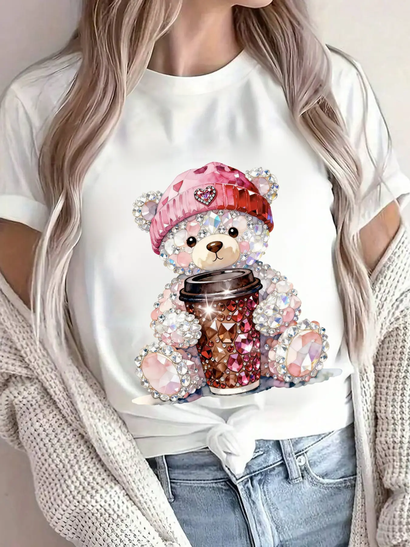 Women's Casual Diamond Sparkle Crystal Bear & Coffee Cup Print Round Neck Short Sleeve Fit T-Shirt, Streetwear Style Womenswear Top, Casual Fall Tops, Casual Street Fashion, Casual Tee Tops