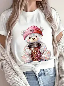 Women's Casual Diamond Sparkle Crystal Bear & Coffee Cup Print Round Neck Short Sleeve Fit T-Shirt, Streetwear Style Womenswear
