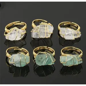 Chakra Crystal Wire Wrapped Irregular Ring ,Raw Healing Crystal Adjustable Gemstone Ring Jewelry  for Women Girls