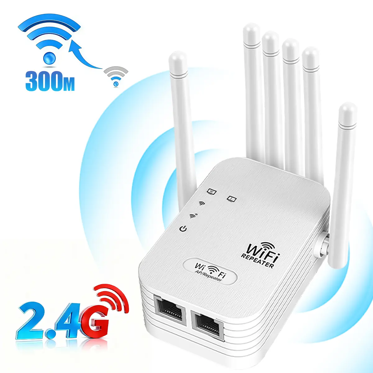 WiFi Booster 300Mbps 2.4GHz, Whole House Coverage, 6-Antenna Signal Booster, Multi-Device Compatible, AP/Router Dual Modes, Stable Signal for Gaming & Streaming