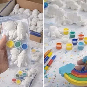 Paintable Plaster Figure Set for Kids DIY Art Kit with Astronaut & Rocket Designs Includes 6 Paints & 1 Brush Safe Materials for Creative Play