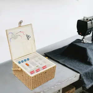 Rural Style Sewing Basket with Tray Jacquard Fabric Solid Wood Storage Organizer for Needles Threads Scissors Buttons Craft Supplies Hobby Room Gift for Mom Grandma