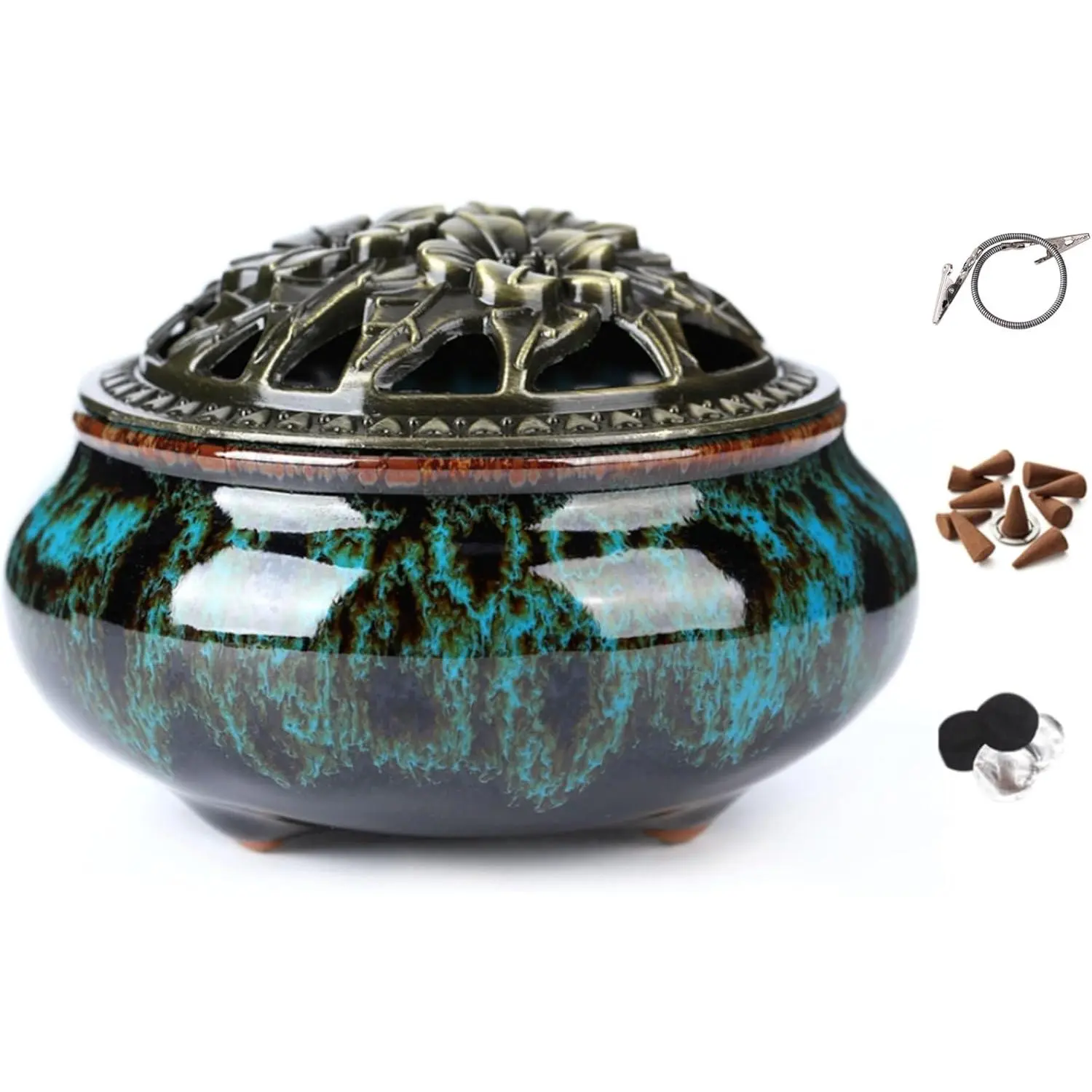 Sky blue incense burner, equipped with a gourd-shaped incense stick holder - ceramic charcoal incense burner, suitable for resin granule incense powder, cone-shaped incense or stick incense (blue enamel)
