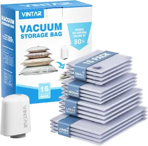 Travel Vacuum Seal Bags for Clothing with Rechargeable Cordless Pump, 16 Pack (4J+4L+4M+4S) Carry-on Size Space Saver Vacuum Storage Bags, Compression Packing Bags for Luggage and Suitcase