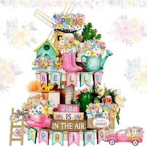 Wooden Spring Decoration Set, 20pcs/set Flower & Letter & House & Car & Greeting Card Pattern Decoration, Home Decor for Living Room Bedroom, Ornaments