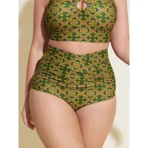 BLOOMCHIC Women's Plus Size High Waisted Ornate Print Overlap Waist Bikinis Bottoms - Tankini Component, Polyester Blend, Tummy Control Swimwear, Sizes M-6X for 2026 Summer Swimweek Deals