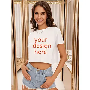 Personalized Customization Women Half Sleeve Cropped T-Shirts Drop Shoulder Round Neck Crop Tops Casual Summer Solid Color Basic Tees Contact customer service and send photos.