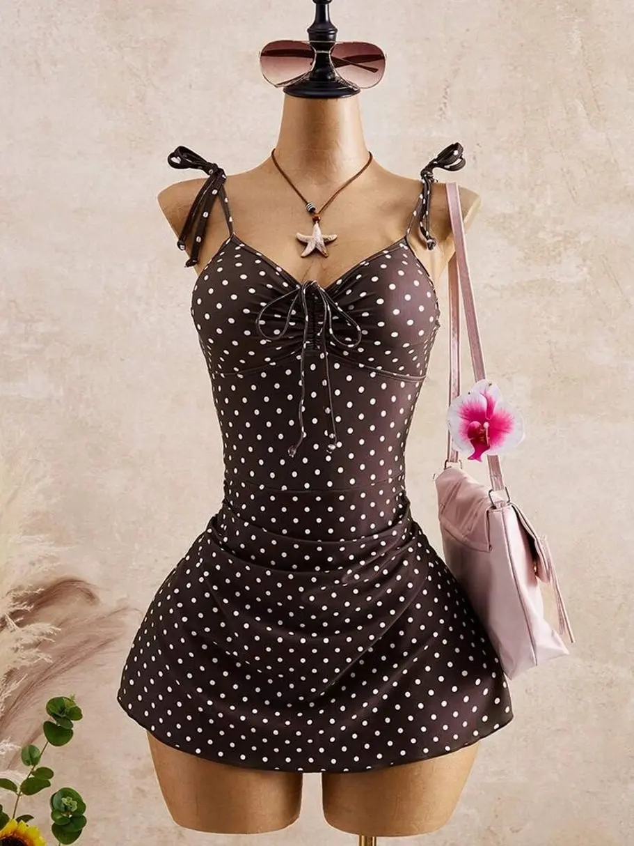 Bellisia Chocolate Brown Polka Dot Swim Dress | Retro Pin-Up Tie-Shoulder One-Piece Swimsuit | Ruched Tummy Control A-Line Bathing Suit