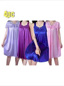 Women's Satin Nightgown Purple Blue Pink Color Block Lace Trim Sleeveless Round Neck Sleepwear for Summer Comfort Rayon Blend