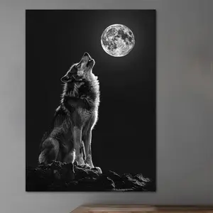Moon and Wolf Poster Canvas Wall Art: High-Quality Canvas Prints for Home Decor - Perfect Gift for Animal Lovers Spooky Living Room Decoration Photo Artistic Ornaments