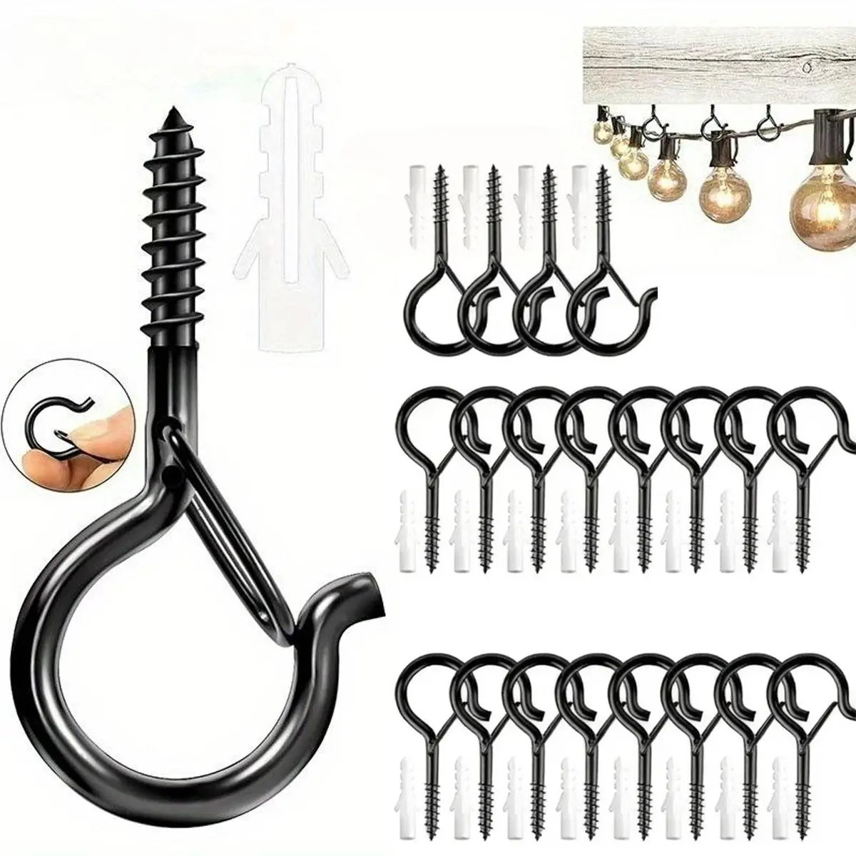 20-Pack 5.3x2.8cm Q-shaped hooks, Secure hook, spring hooks with safety latch screw hooks, Steel Snap Hooks, suitable for hanging cups, flower baskets, decorative string lights, wind chimes, etc., in the kitchen, garden, or bar