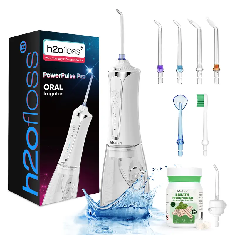 h2ofloss Water Dental Flosser 300ML Watertank & Whitening Tablet lPX7Waterproof Plus 5 Modes,Cordless Oral lrrigator P11-white