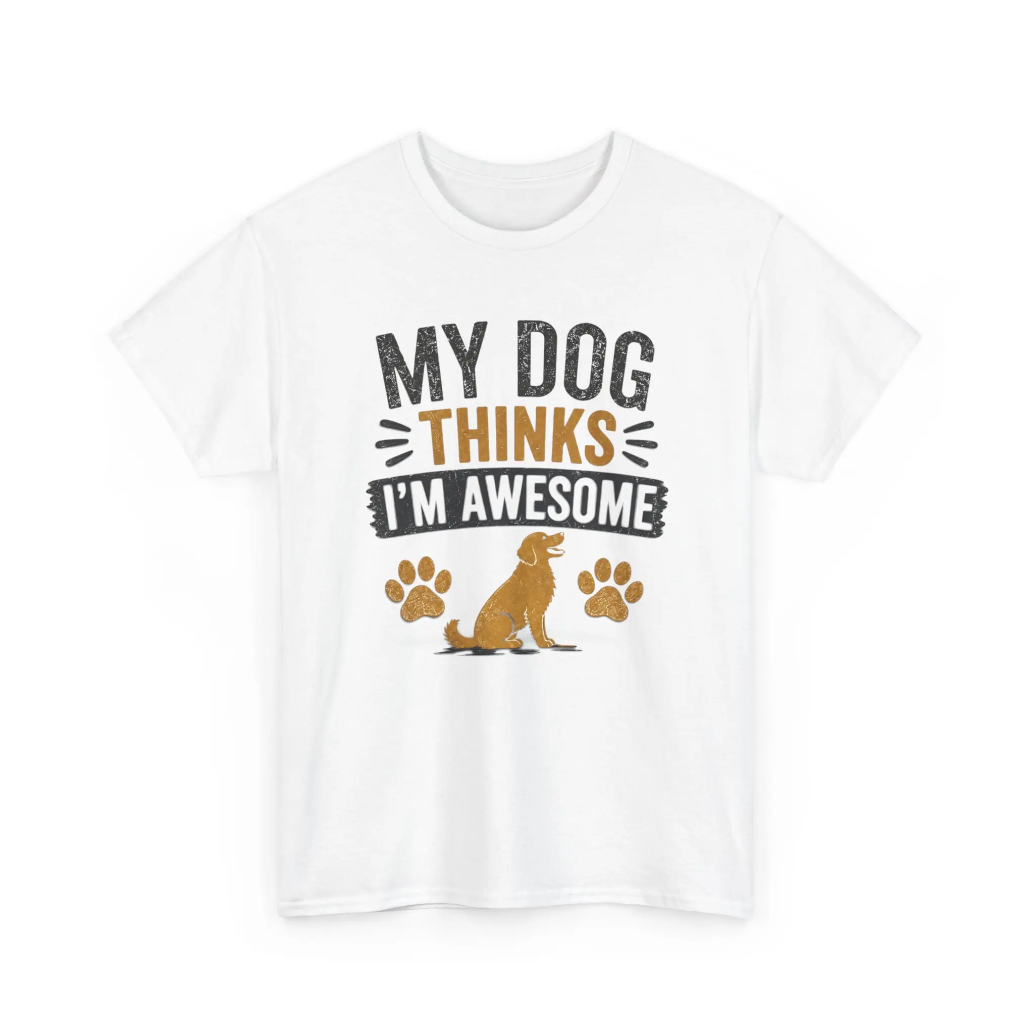 Crew‑neck short‑sleeve top with retro‑textured funny pet slogan, sitting dog silhouette and paw‑print decorations, dog‑owner themed unisex everyday top