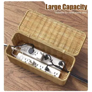 1 cable management box, hand-woven imitation rattan cable storage box with lid, 2 open-slot cable storage boxes, suitable for TVs, computers, USB hubs, used to hide power cords and wires