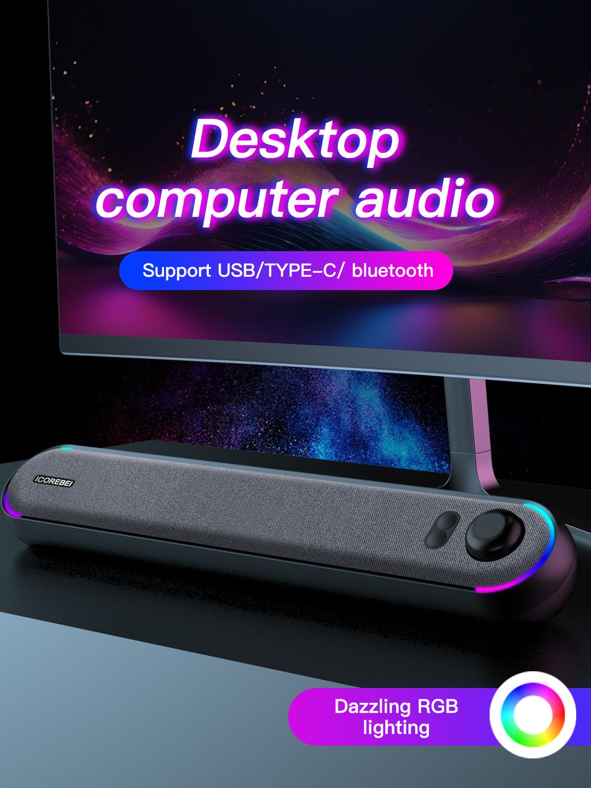 ICOREBEI Desktop Computer Speaker/Soundbar, compatible with Mac, desktop, laptop, tablet, monitor, and PC, plug and play, USB to USB-C power supply and audio transmission; Bluetooth 5.3, RGB lighting, wired gaming speaker.