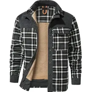 Medium-Sized Fleece-Lined Sherpa Plaid Shirt Jacket — Warm Outdoor Coat with Front Snap Button Closure and Pockets, Army Green Casual Top