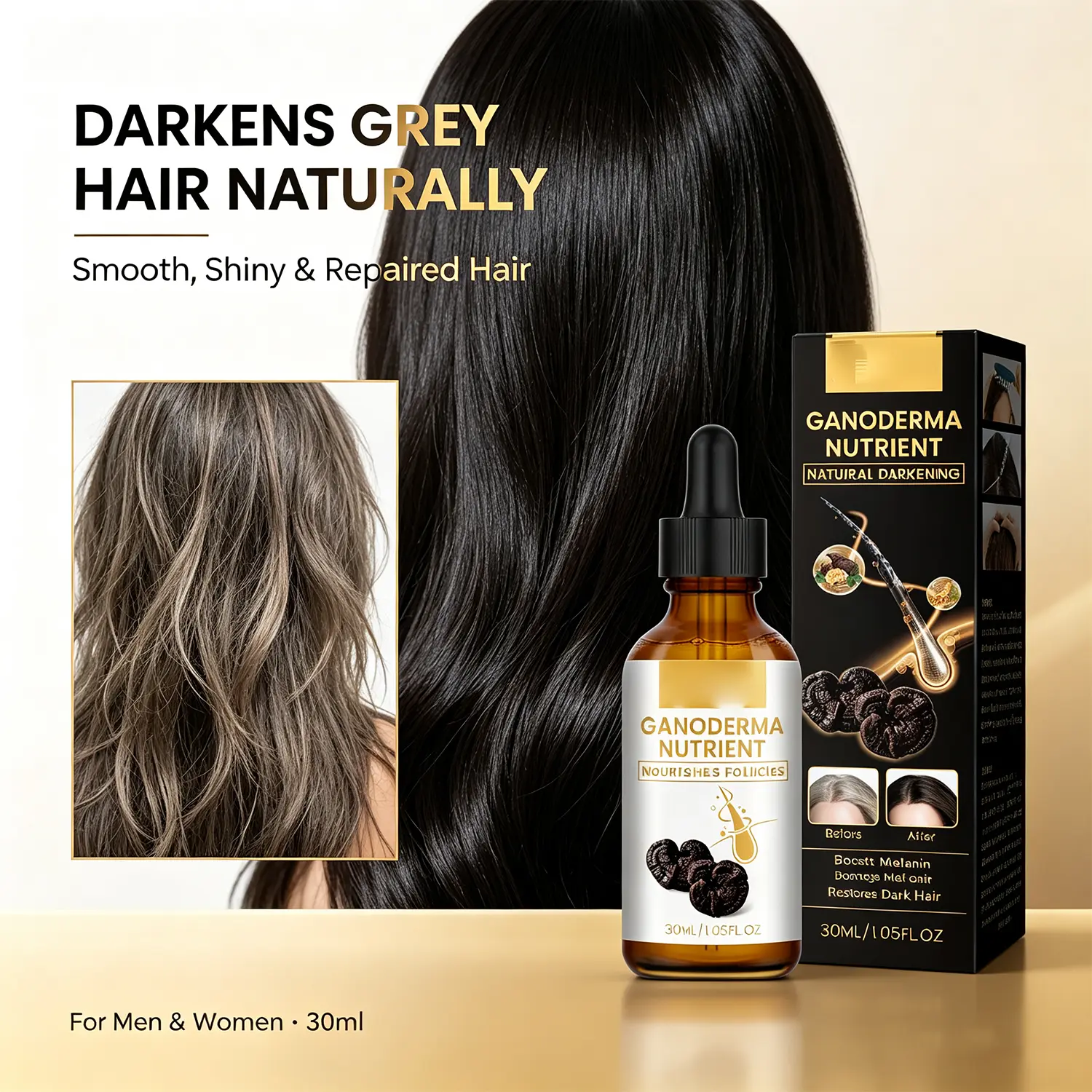 Organic Ganoderma Nutrient Hair Darkening Oil, Natural Grey Hair Reversal Scalp Serum, Activate Melanin Nourish Hair Root, Improve Salt & Pepper Hair for Daily