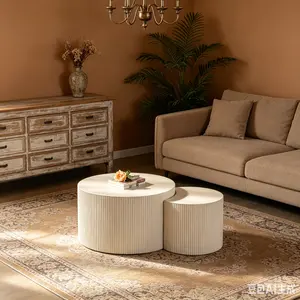 2-piece modern coffee table set featuring a handcrafted relief-textured tabletop, sturdy solid pedestal base, unique olive-shaped wooden tea table, vintage aesthetic home decor, heavy-duty stable structure for living rooms and bedrooms—indoor home furnitu