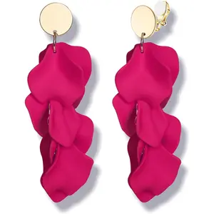 Rose Petal Dangle Clip on Earrings Acrylic Earrings Red Earrings for Women Flower White Black Hot Pink Orange Statement Earrings Boho Resin Floral