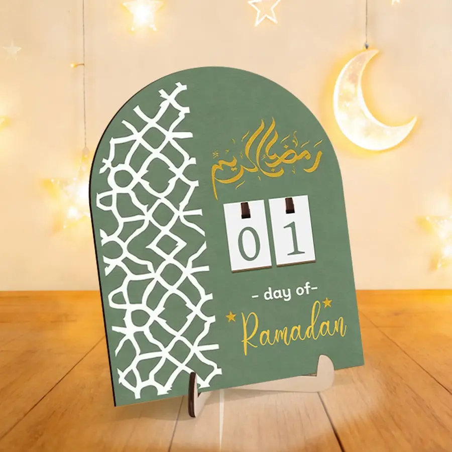 Ramadan Kareem, 1 Pc Green Day Of Ramadan Countdown Calendar Double Layer Wooden Ornament With 12 Number Cards And Wooden Base, Ramadan Festival Gift, Suitable For Home Office Living Room Desktop Holiday Party Decoration, Ramadan Festival Decoration