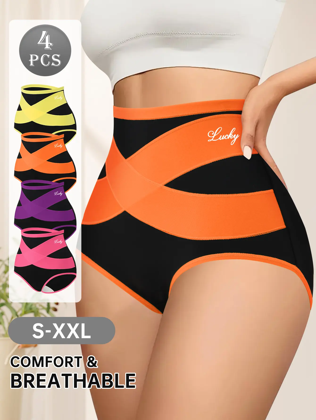QUASTI Women's 4-Pack High-Waist Crossover Seamless Panties, Polyester Comfy Breathable Soft Fabric, Highly Elastic Tummy Control Hip-Lifting Color-Block Briefs, S-XXL (Black, Pink) Lightweight Womenswear Underwear