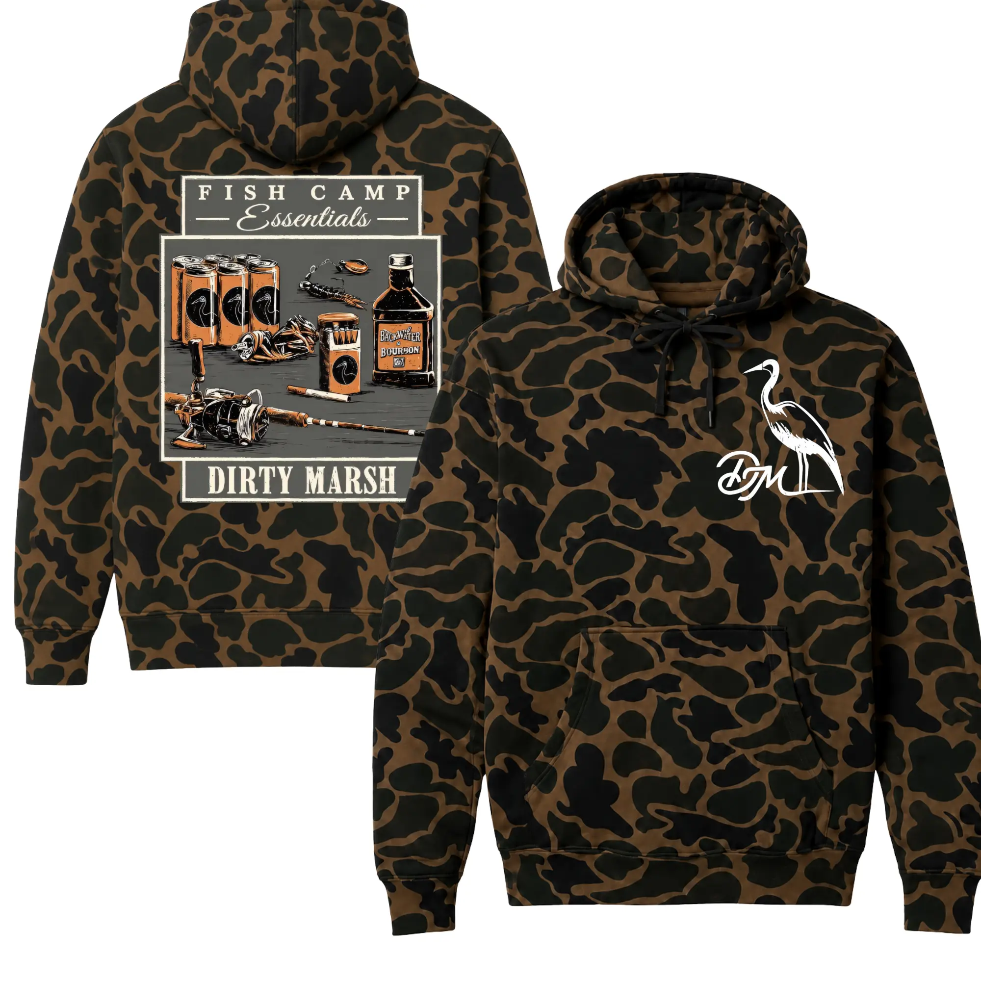 Vintage Dirty Marsh Camp Camo Hoodie for Men, Bottomland Style Duck Hunting Hooded Sweatshirt, Outdoor Fishing & Camping Graphic Pullover Hoodie