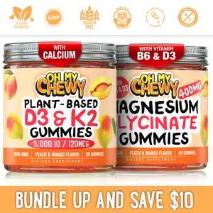 OH MY CHEWY D3k2 + Magnesium Glycinate Gummies Bundle – 2 Bottles (60 Each) – Peach & Mango Healthy Snacks