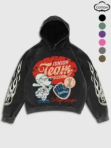 Men's Casual Long Sleeve Hoodie, Premium Cotton Washed Vintage Style, Baseball Boy & Flame Graphic Print, Streetwear Fit for All Seasons