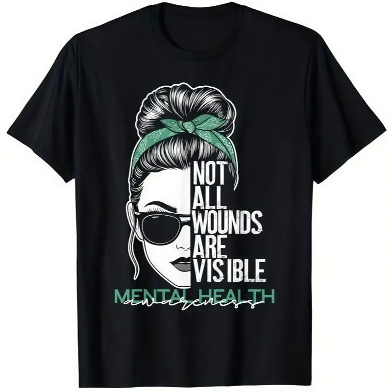 Fashion Designer TShirts with Mental Health Awareness Graphic Tee Not All Wounds Are Visible Casual Fitted Cotton Crewneck T-Shirt for Men Women All Seasons Wear  Unisex Top Menswear Soft Fabric Print Streetwear