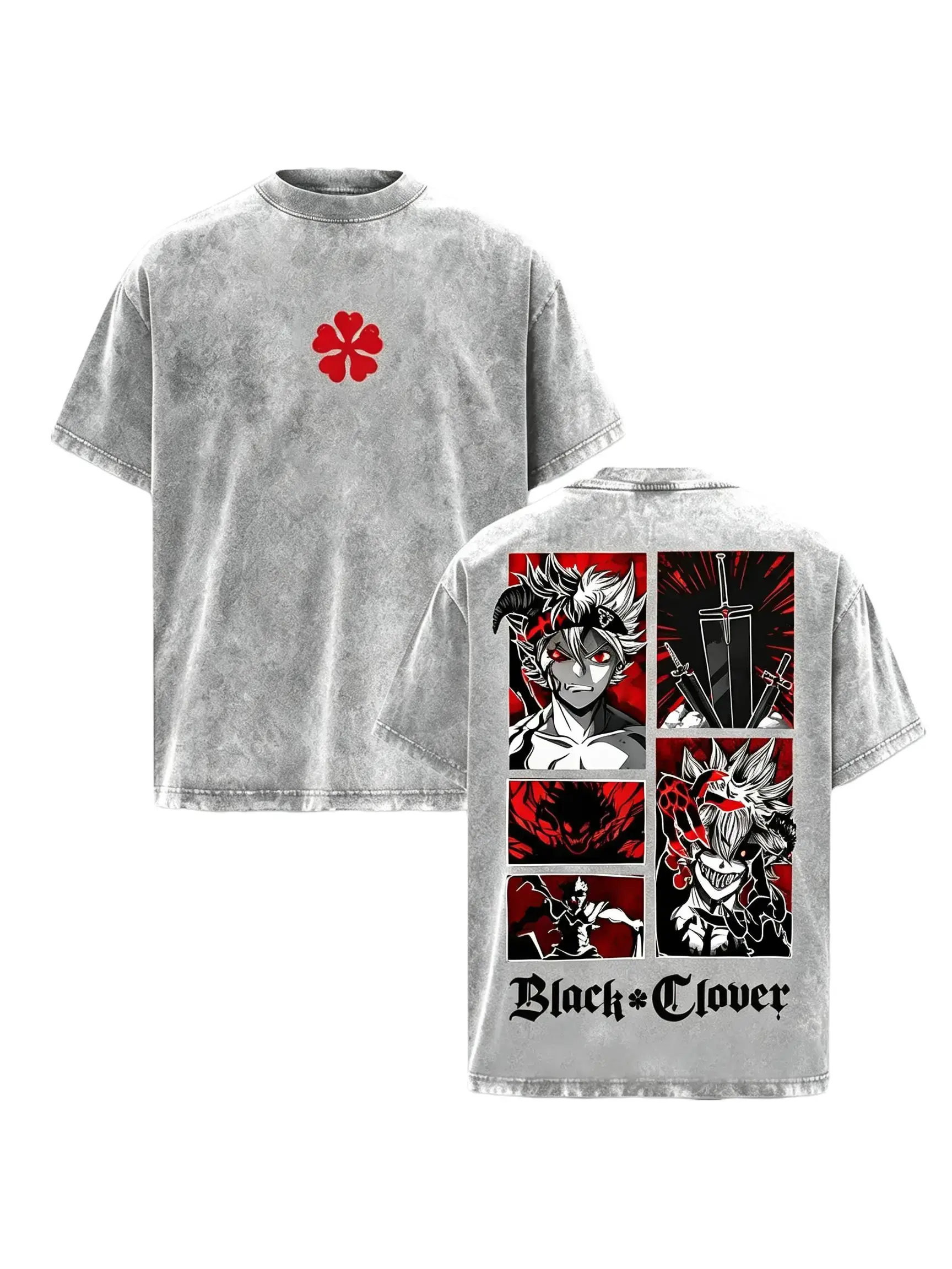 Men's Oversized Cut Retro Vintage Limited Edition Black Clover Asta Human Devil Double Printed Acid Washed Cotton Round Neck Short Sleeve Graphic Tee Shirt - Casual Streetwear Apparel, Practical Anime Gift Menswear Top