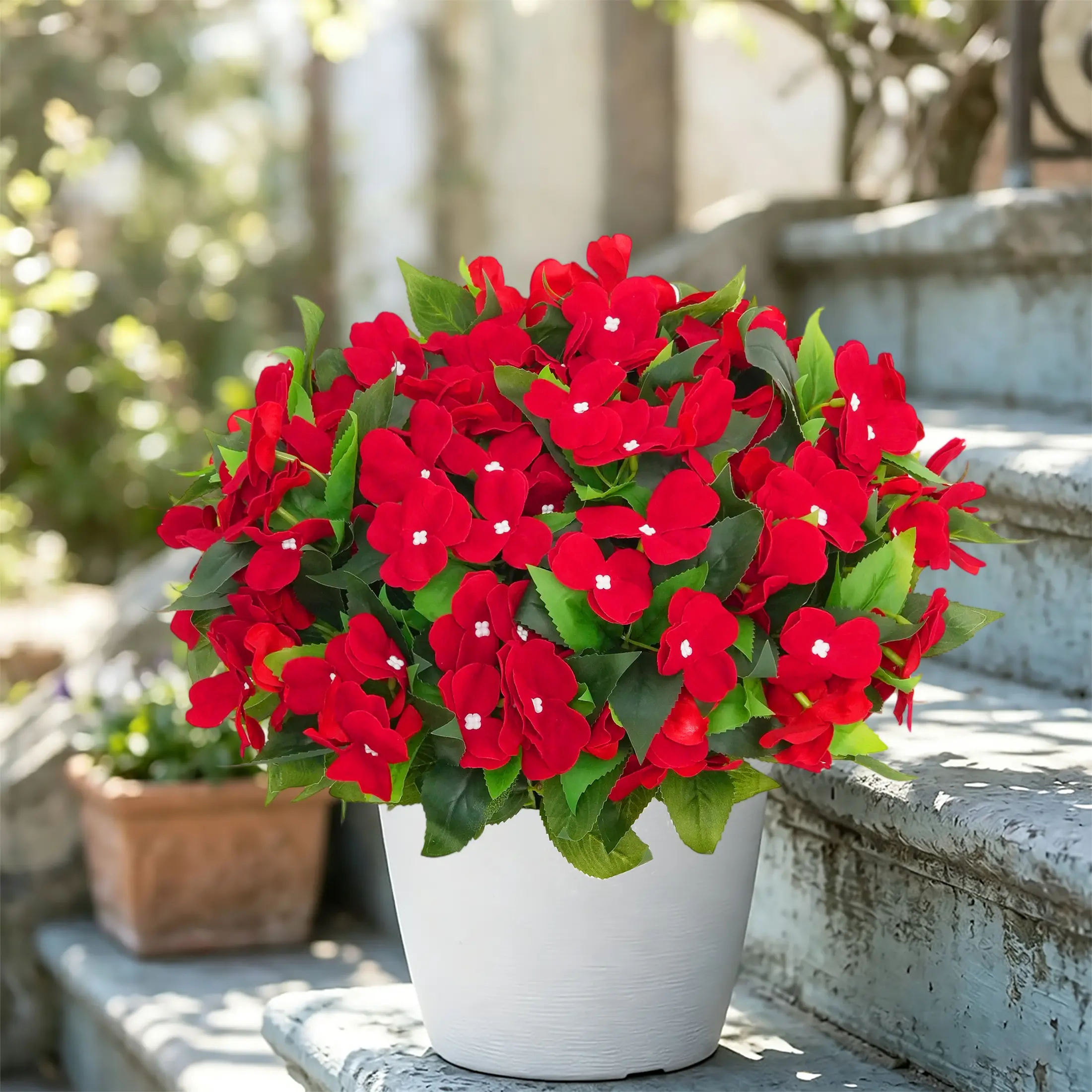 6Pcs UV-Resistant Outdoor Artificial Flower Bundles - Big Red Farmhouse Curve Faux Bushes, Waterproof, Windproof, Long-Lasting, Ideal for Entryway Wicker Hanging Basket Home Decor Plants