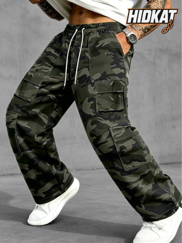 Men’s Baggy Camouflage Cargo Pants - Loose-Fit Cotton Nylon Utility Trousers, Stretch Waist Drawstring, Toggle Ankle Cuffs, Multiple Pockets, All-Seasons Ankle-Length Grey, Cold Wash, Street & Outdoor Sports Joggers, Baggy Cargo Pants