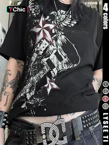 Women's Star & Guitar Print Round Neck Tee, Y2K Trendy Aesthetic Casual Streetwear Short Sleeve T-shirt for Daily Wear, Ladies All Seasons Outfit