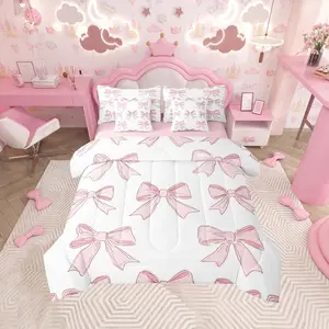 Bowknot Comforter Set with Sheets,Cute Pink Bow 7 Piece Bedding Set,Romantic Princess Style Bed in A Bag,Soft Light Pink White Bedding Comforters
