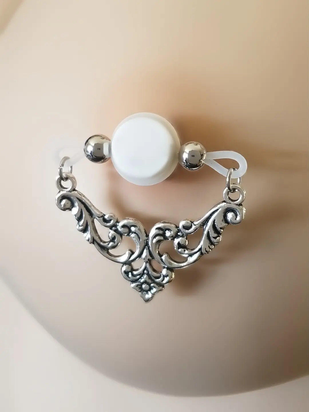 Pair of Fake Barbells - Stainless Beads - Choose size - Filigree Floral - non piercing nipple jewelry - b-005