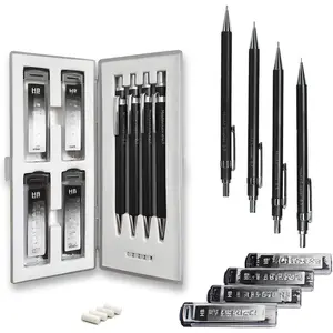 Mechanical Pencil Set with Case - 4 Sizes: 0.3, 0.5, 0.7 & 0.9mm with 30 HB Lead Refills Each & 4 Eraser Refills -Sketch, Drafting, Art, Drawing  (Black)